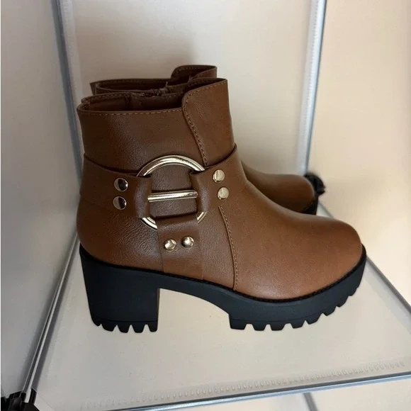 Forever Link Women's Brown Chunky Heel Combat Ankle Boots Size 6 New - Picture 4 of 7